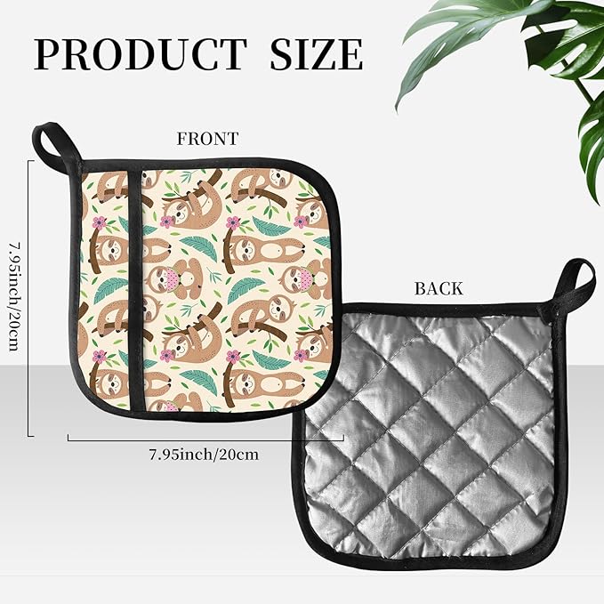 Pot Holders for Kitchen, Heat Resistance Hot Pads, Cute Potholder with Pocket for Kitchen Cooking Baking 2 Packs, Cute Sloths