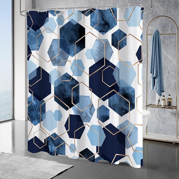 Litabel Modern Long Shower Curtain for Bathroom, Blue Geometric Art Decor Waterproof Bath Curtain, Abstract Fabric Shower Curtain Sets for Home Decor, 72x78 Inch