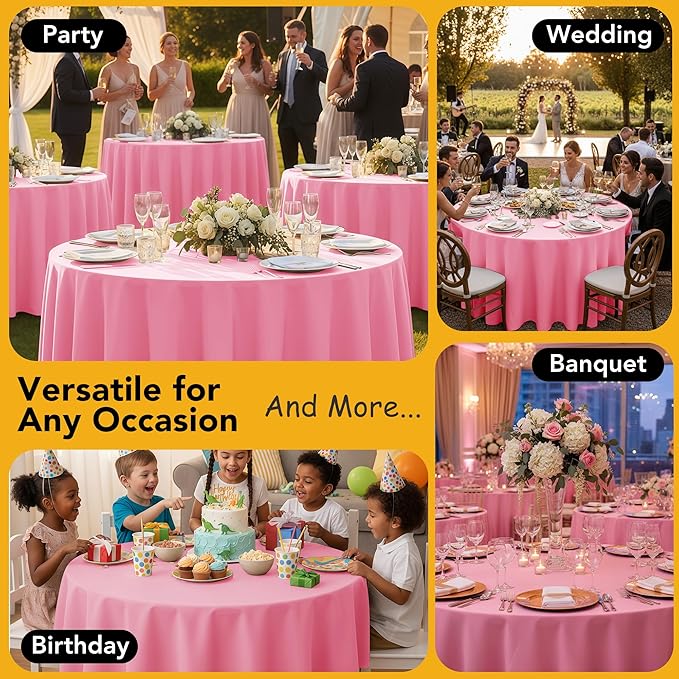 6-Pack Pink Round Tablecloths, 132 Inches, Stain-Resistant Polyester for 6-8 Ft Round Tables - Washable Table Covers for Weddings, Banquets, Birthday Parties, Events