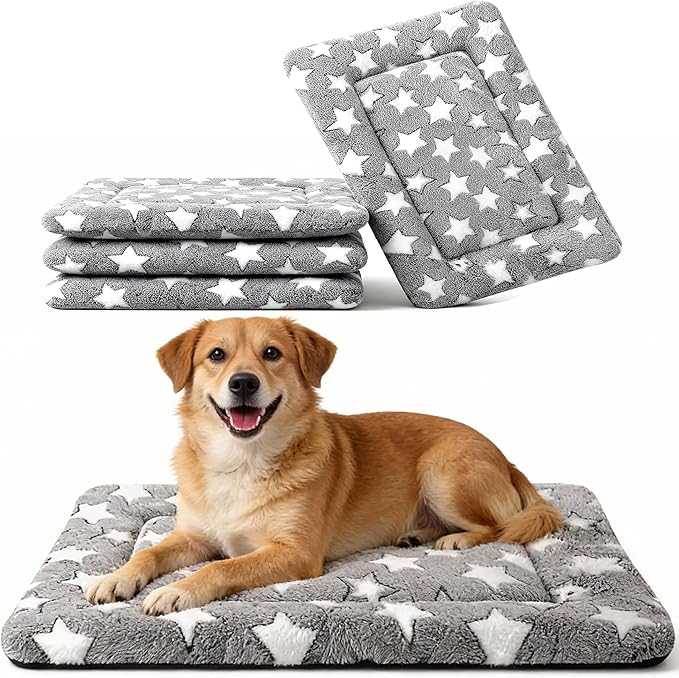 Fogkiss Dog Crate Mat, 4 Piece Reversible Pet Bed, Polyester, Machine Washable, Small Dogs & Cats, Rectangular(Gray Star, 30" L x 20" W x 1.5" Th)