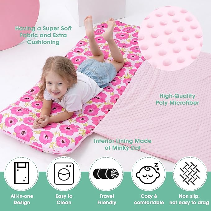 ACRABROS Toddler Nap Mat with Pillow and Blanket, Extra Large Rolled Napping Mats,Slumber Bags for Boys Girls,Kids Sleeping Bag for Daycare, Preschool Travel Camping,Gouache Floral