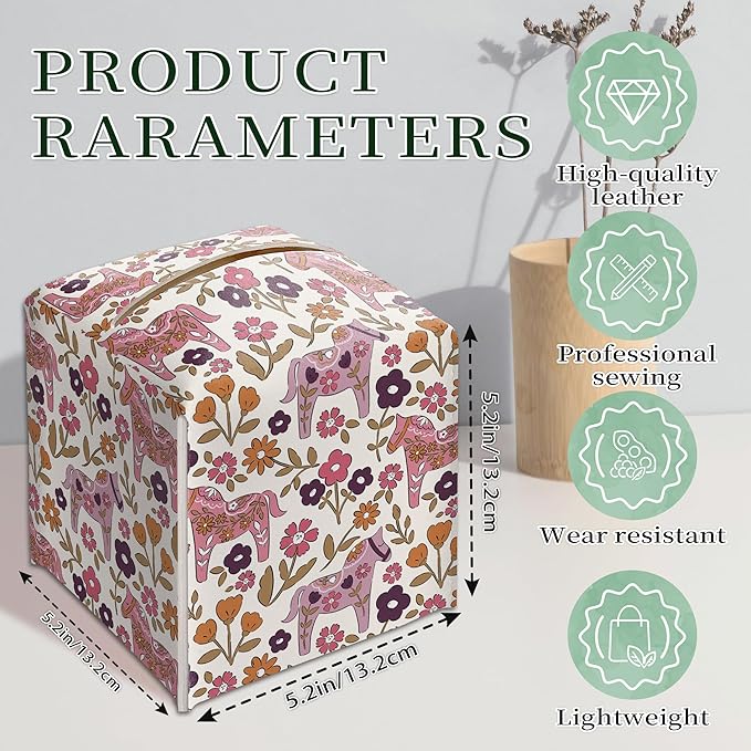 Pink Tissue Box Holder, Pink Floral Dala Horse Leather Tissue Box Cover Square, Paper Napkins Everyday Dispenser for Bathroom Vanity Countertop Night Stands Kitchen Office Home Decor