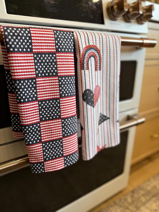Desert Aqua 2 Pack|| Double Sided || Not Your Ordinary Kitchen Towels || Dish Towels || Quick Dry || Waffle Weave Microfiber || Designer Prints || Highly Absorbent || Hanging Hook (4th of July Navy)