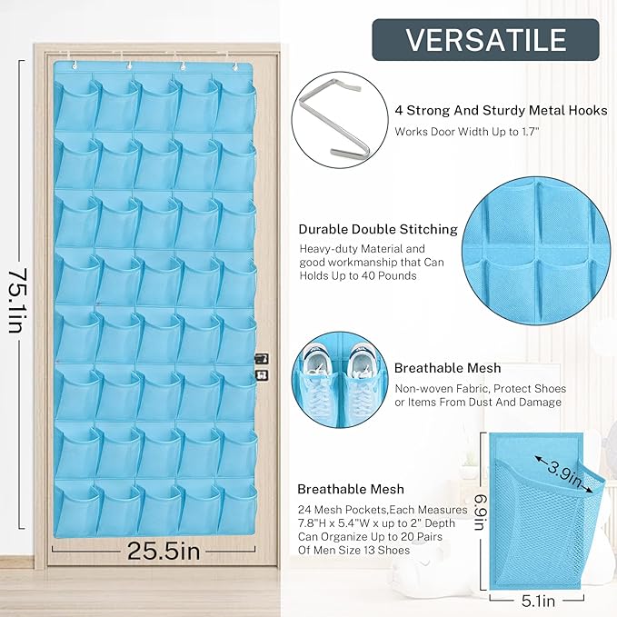 Hualleko 40-Pocket Over the Door Shoe Organizer - Large Mesh Pocket Hanging Shoe Organizer,Behind the Door Shoes Storage Holder Hanger