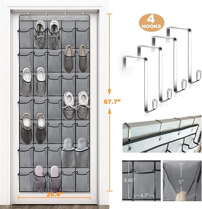 WAHMLA Over the Door Shoe Organizer, 35 Large Breathable Mesh Pockets, Space Saving Hanging Storage Holder, Closet Rack Hanger Holds, Hangs on Closets for Shoes, Accessories, GRAY