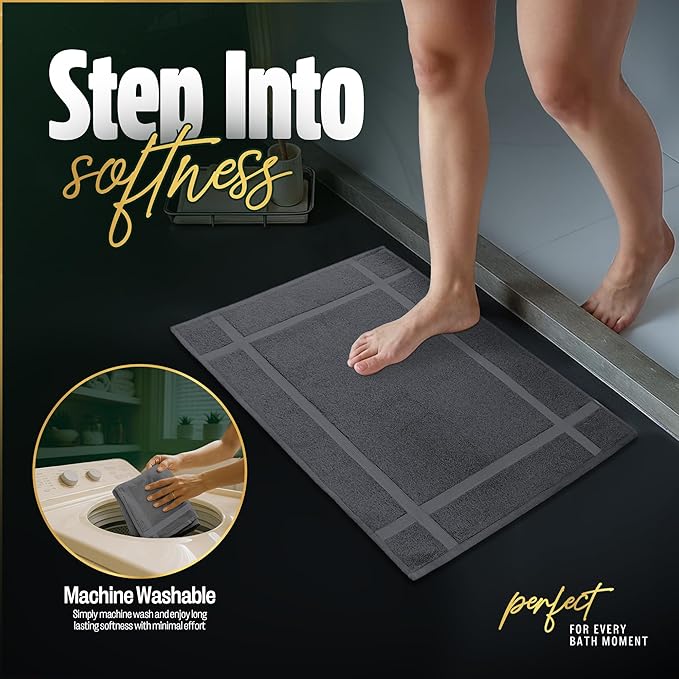 Pearl Linens 100% Ring Spun Cotton Bath Mat (Pack of 2) 18 x 25 Inch, Washable, Soft & Absorbent Terry Bathroom Floor Mat – Not Bathroom Rugs – Quick-Dry After Shower Bath Mat, 687 GSM, Dark Grey
