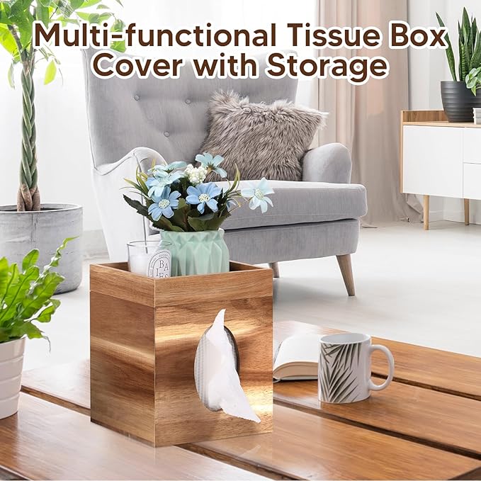 Tissue Box Cover, Wood Tissue Box Cover with Storage Tray Square Tissue Box Covers Holder for Bathroom, Bedroom, Dinner Table, Office, Tabletop 6" x 6" x 7.4"