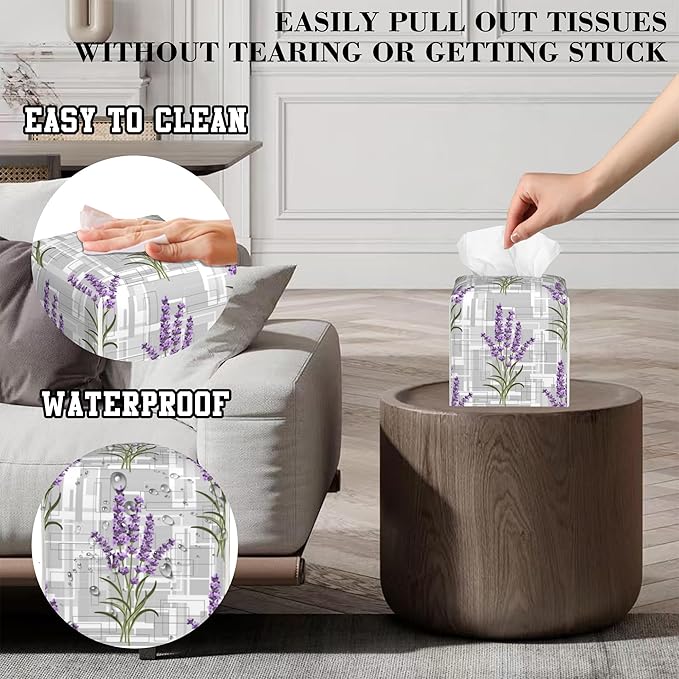 OHEGBXE Tissue Box Holder Geometric Lavender Flower Square Leather Tissue Box Cover Modern Cube Facial Paper Cover Case for Bathroom Vanity Countertop Night Stands Tabletop