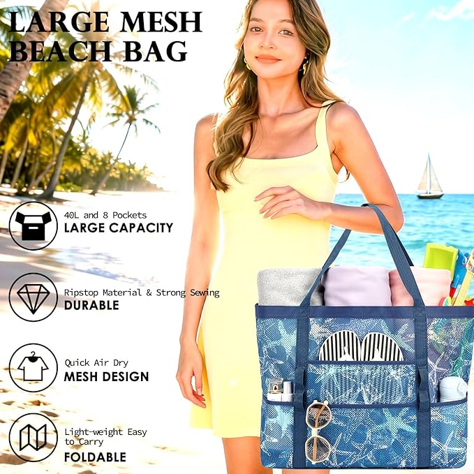 Fammart Mesh Beach Bag, Large Beach Tote with Zipper Pocket for Family Pool Bag for Toys & Vacation Essentials