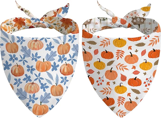Fall Dog Bandana Reversible 2 Pack Small, Cute Autumn Pumpkin Leaves Fall Pet Bandanas Set Adjustable Triangle Holiday Scarves for Small Medium Boy Girl Dogs
