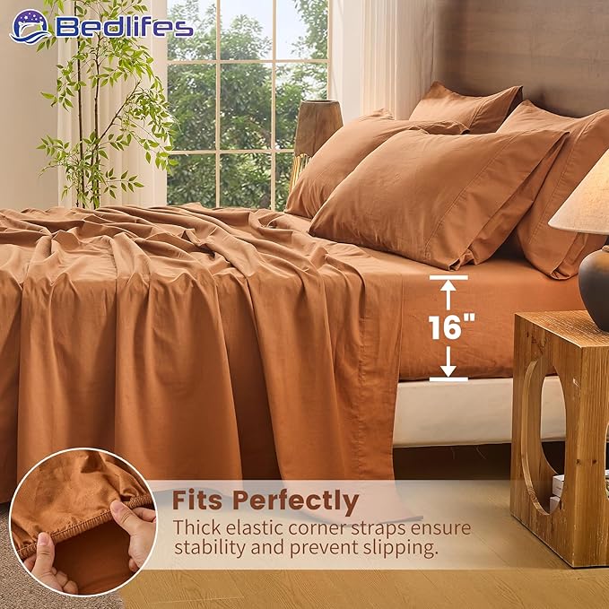 Bedlifes 100% French Pure Linen Sheets King Size Breathable and Cooling Flax Sheet Set Soft Durable and Moisture Wicking 16 Inch Deep Pocket-4 Piece(King,Brown)