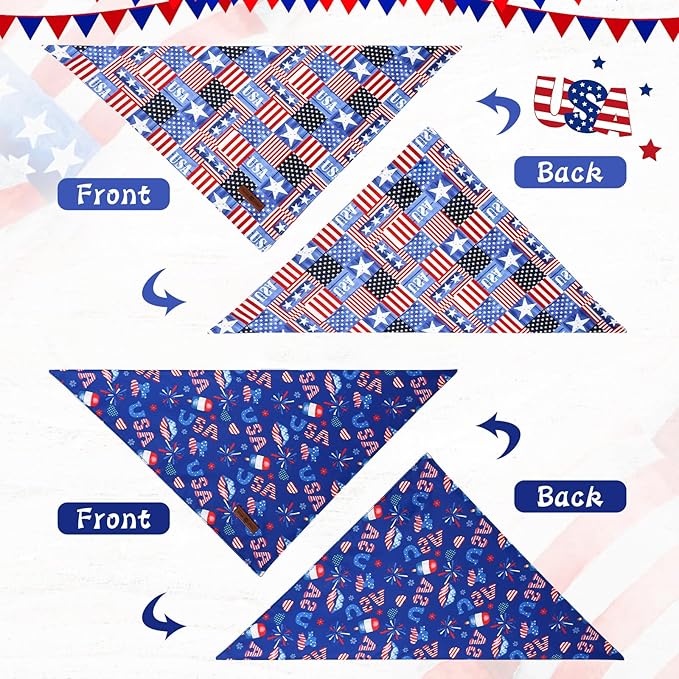 Lionet Paws Summer 2pcs Dog Bandanas, 4th of July USA Dog Scarf Bib Premium Fabric, Happy American Flag Blue Bandanas for Medium Large Dogs Pets