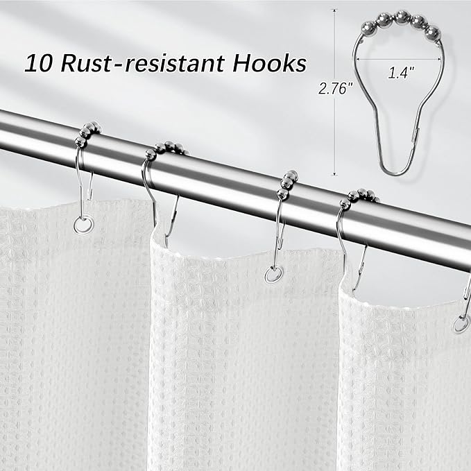 PANGSINNE Stall Waterproof Shower Curtain Waffle Weave 60 Inches Beige Heavy Duty for Bathroom, Machine Washable 256GSM Modern Shower Curtains with 10 Metal Hooks, 60Wx72H