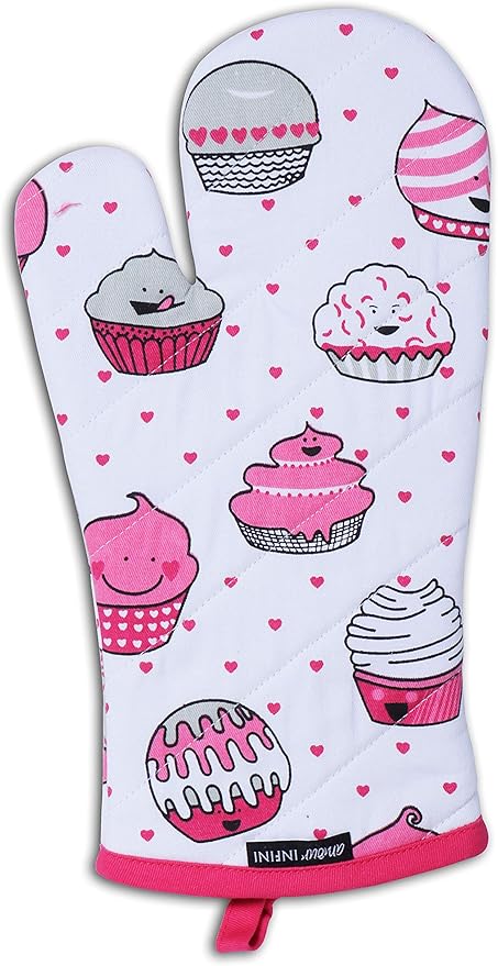 AMOUR INFINI Oven Mitts Set of 1 Quilted Liner with Hanging Loop Non Slip, Heat Resistant, Washable Reusable Oven Mitt (Valentine Cup Cake 7x13 Inches)
