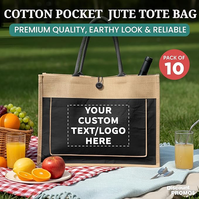 DISCOUNT PROMOS Custom Jute Tote Bags with Cotton Pocket Set of 10, Personalized Bulk Pack - Reusable, Great for Picnic, Camping, Beach, Outdoor Activities - Black