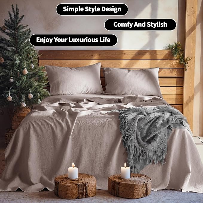LBRO2M 100% Linen Sheet Set 16" Deep Pocket California King Size,Bed Sheets 4 Piece Sets,Solid Color Natural Flax Bed Sheets Soft Breathable Bedding,All Season (Clifornia King, Mauve Desert)