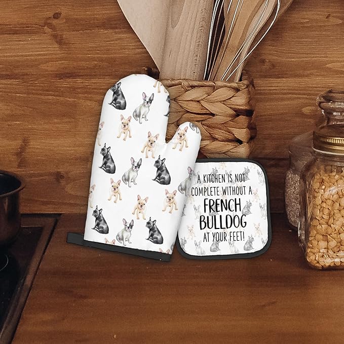 French Bulldog Dog Oven Mitts and Pot Holders Sets, Frenchbulldog Gifts Kitchen Accessories Sets, Complete Without a French Bulldog Heat Resistant Oven Glove Potholders for Kitchen Baking