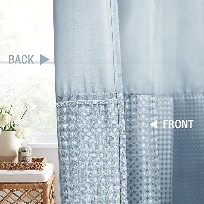 Gibelle Waffle Weave Shower Curtain with Mesh Top Window and Hooks Set, Spa Like Hotel Style Fabric Shower Curtain for Bathroom, Fog Blue, 72x72