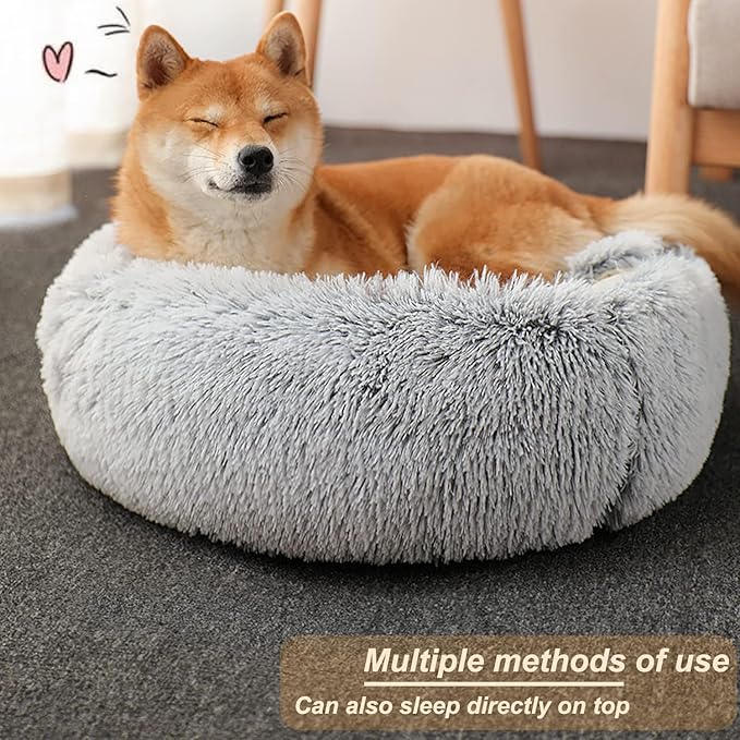 SUOXU Small Dog Bed, Nest Warm Super Soft Plush Faux Fur Washable Dog Bed with Non-Slip Bottom for Medium Small Dogs Snooze Sleeping Indoor (Gray-65cm/25in)