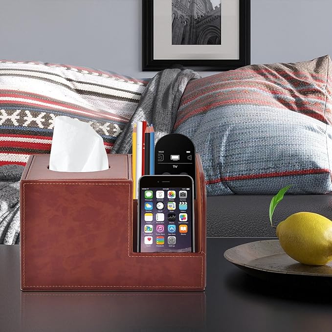 XNONE PU Leather Square Tissue Box Cover,Multifunctional Tissue Box Holder,Tissue Box with Storage,Tissue and Remote Control Holder,Tissue Box Decorative Desk Organizer for Home&Office,Brown