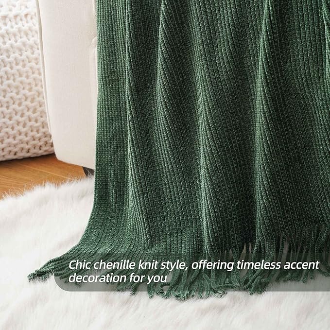 BATTILO HOME Dark Green Throw Blanket for Couch, Soft Chenille Knit Throws with Tassels for Home Decor, Spring Green Throws for Couch Cover, 50"x60"