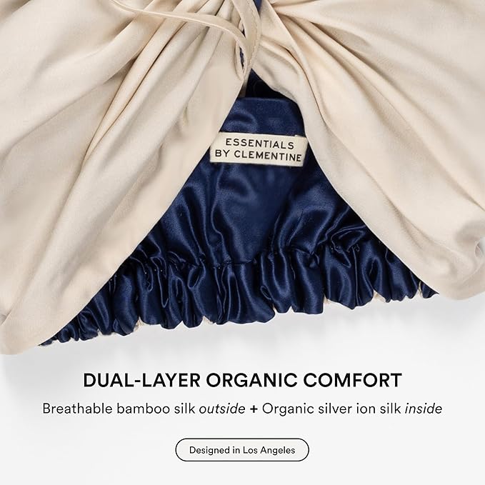 Essentials by Clementine Organic Hair Bonnet in Champagne Sunset | Silver Ion Silk Lined Bamboo Sleep Cap for Frizz-Free, Curly Hair, and Scalp Health