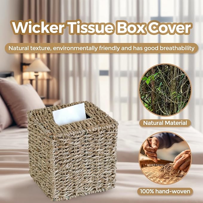 KALEKAIL Seagrass Tissue Box Cover, Wicker Tissue Box Holder Square, Boho Decorative Woven Tissue Cover Facial Cube Tissue Holders for Bathroom Living Room Kitchen, Natural