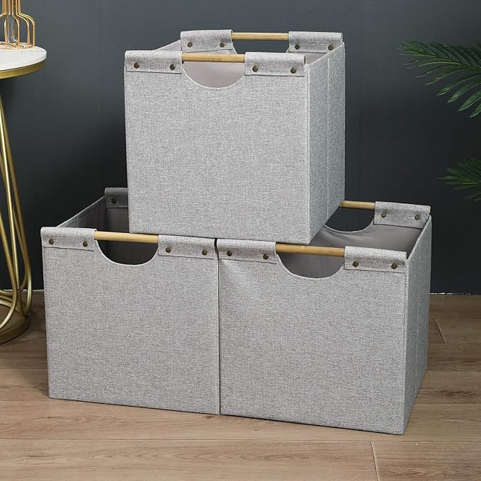 HOONEX Collapsible Storage Bins, 12x12x12in Storage Cubes Linen Fabric, 3 Pack, Storage Baskets with Wooden Carry Handles and Sturdy Heavy Cardboard, for Home, Office, Car, Nursery, Light Grey