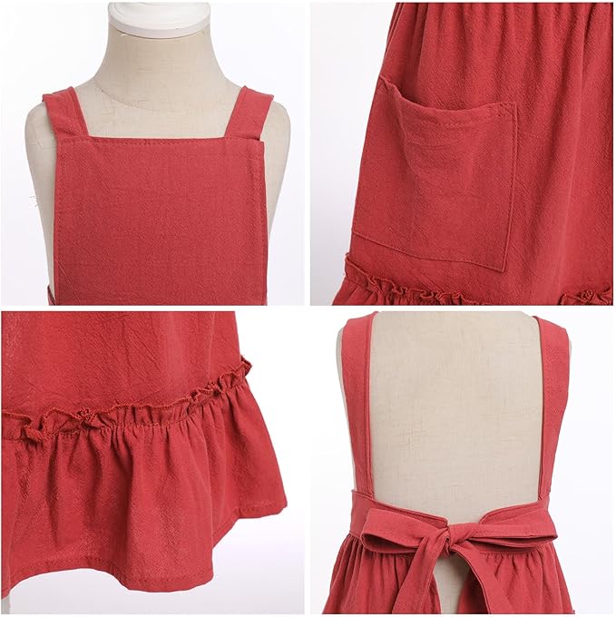 OBEEII Kids Aprons for Cooking Cotton Linen Children Baking Kitchen Gardening Painting Apron Pinafore Dress with Pockets