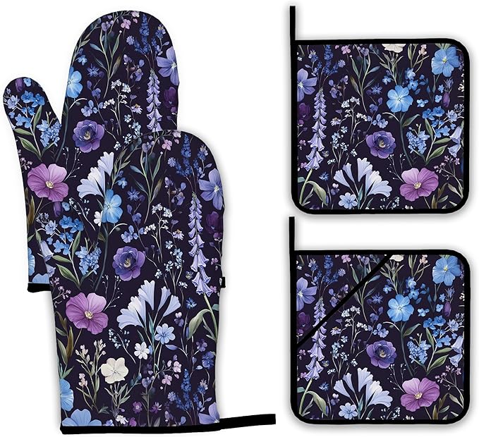 Wildflowers Oven Mitts and Pot Holders,Vintage Garden Herb Flower Heat Resistant Oven Mitts Gloves and Pot Holder for Home Kitchen Decorations Cooking Baking BBQ Gifts,Set of 4