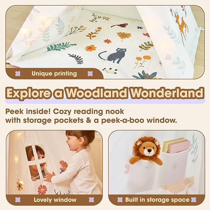 Teepee Tent for Kids with Lights, Kids Play Tent Indoor with Thicked Mat & Dream Catcher, Toddler Tent with Storage Pockets and Mesh Window for Reading Nook and Imaginative Games