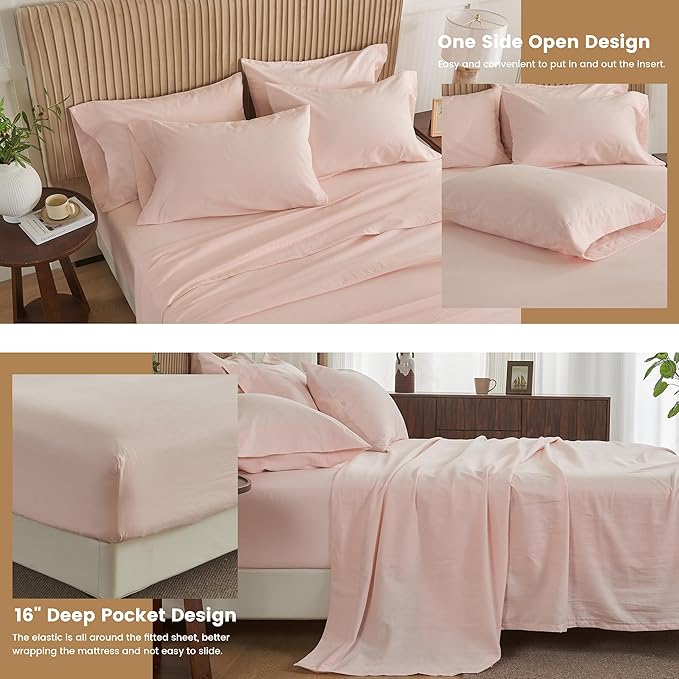 Simple&Opulence Belgian Linen Sheet Set Solid Color - 6 Pieces (1 Flat Sheet & 1 Fitted Sheet & 4 Pillowcases) 16" Deep Pocket Natural Flax Cotton Blended Soft Bedding - Pale Pink, Queen Size