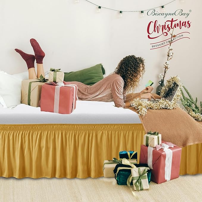 Biscaynebay Wrap Around Bed Skirts for King & Cal King Beds Short Drop of 12", Gold Adjustable Elastic Dust Ruffles Easy Fit Wrinkle Resistant Silky Luxurious Fabric Machine Washable