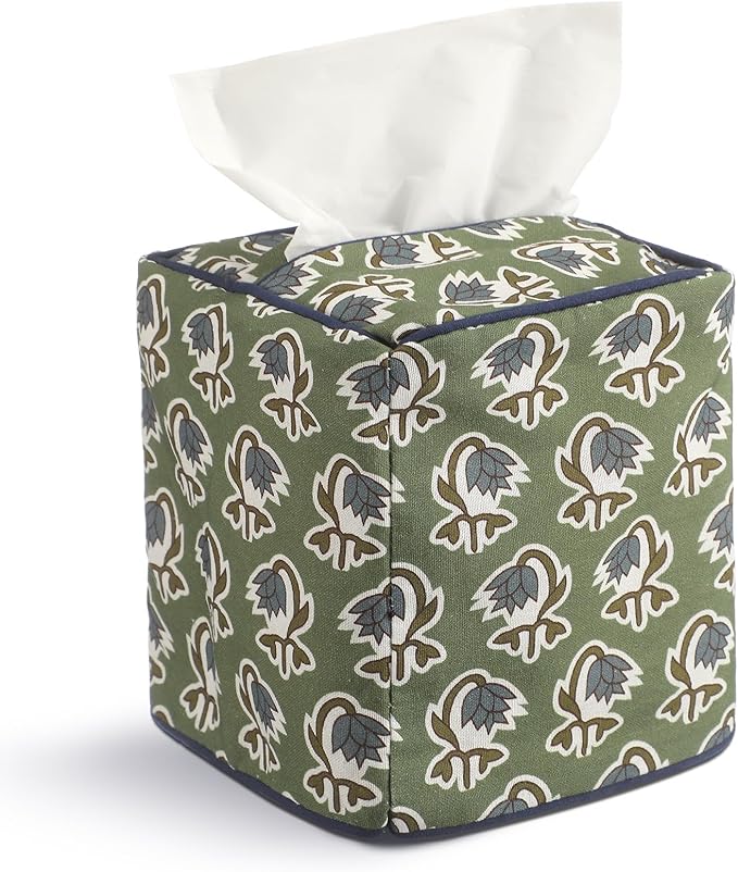 Mimorou Green Fabric Tissue Box Cover - Floral Print Tissue Box & Decorative Square Napkin Holder Handmade Cotton for Home Bedroom Vanity Countertop Night Stands Office