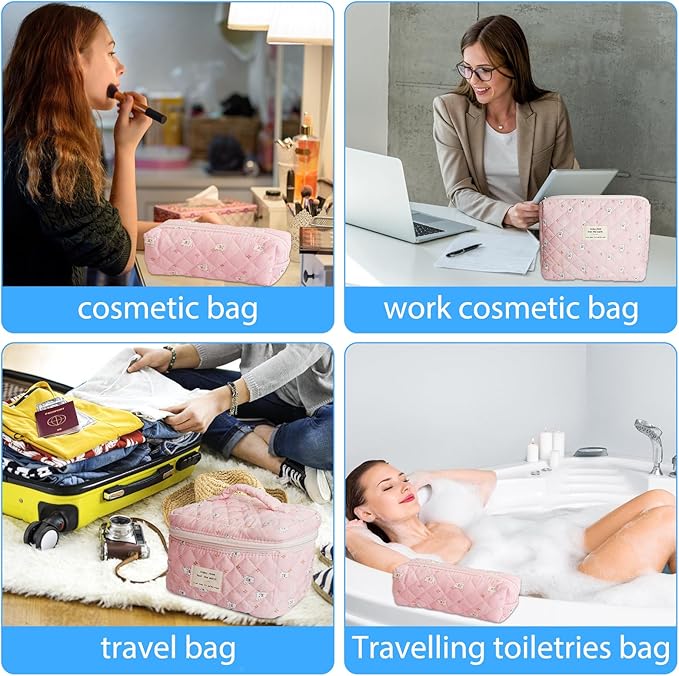 Cozomga Quilted Makeup Bag, Large Capacity Travel Cosmetic Bag for Women and Girls, Aesthetic Storage for Daily and Travel Use (3pcs-RabbitAnimalPrint)