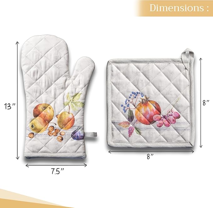 Maison d' Hermine 100% Cotton Oven Mitt & Pot Holder Set (7.5"x13" & 8"x8") Heat Resistant BBQ Cooking Gloves with Loop for Thanksgiving Christmas Decorations Handling Hot Pans (Fruit D'Hiver)