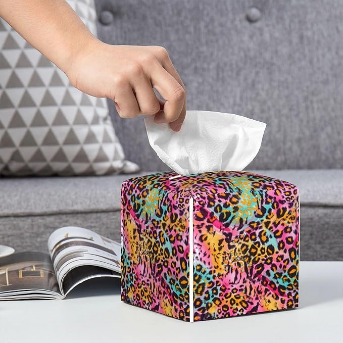 POIUBLE Rainbow Colored Leopard Tissue Box Cover Leather Tissue Box Holder Square Facial Paper Organizer Dispenser for Bathroom Kitchen Bedroom Vanity Countertop Night Stands