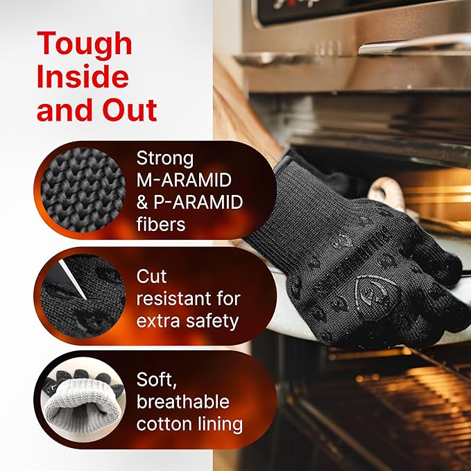 Oven Gloves with Fingers - 932°F Extreme Heat Proof and Cut Resistant Mitts for Kitchen, BBQ, Grill, Baking, Fire Pit - EN407 Certified with Non-Slip Silicone Grip and Cotton Lined for Comfort