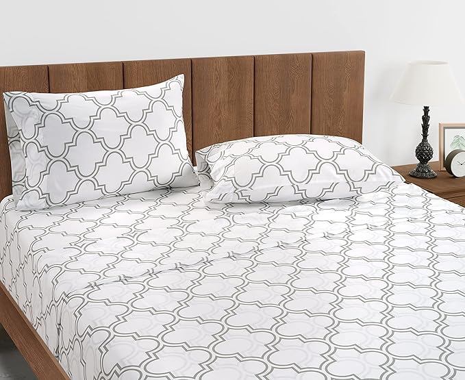 Lane Linen 100% Organic Cotton Twin Fitted Sheet, 2-Piece Set (1 Fitted Sheet, 1 Pillowcase), Percale Weave, Lightweight, Soft, Breathable, Fits Mattress Upto 15' Deep - Trellis Silver (No Flat Sheet)