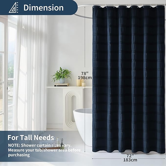 Lameirose Extra Long Navy Blue Shower Curtain Farmhouse,72 x 78 Cotton Blend Waffle Tufted Striped Chic Textured Fabric Shower Curtain for Bathroom, Hotel