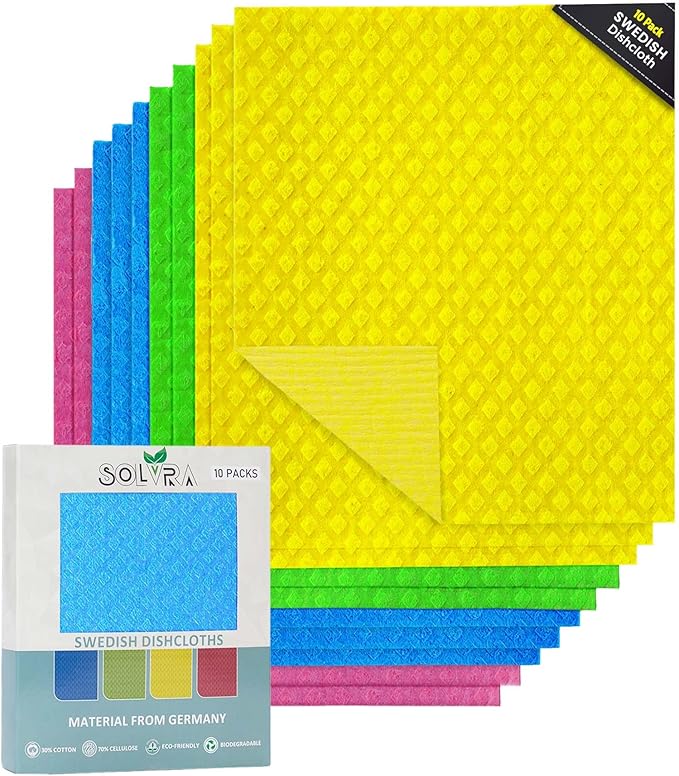 Solvra 10 PCS Swedish Dishcloths for Kitchen 100% Biodegradable | Reusable Cellulose Sponge Cloths | Ultra Absorbent, Eco-Friendly Cleaning Towels | Dishcloths for Washing Dishes & General Cleaning