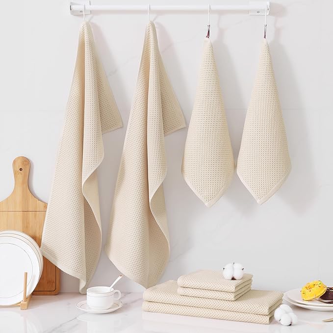 Homaxy 100% Cotton Kitchen Towels and Dishcloths Set, 12 x 12 Inches and 13 x 28 Inches, Set of 16 Bulk Kitchen Towels Set, Ultra Soft Absorbent Dish Cloths for Washing Dishes, Beige