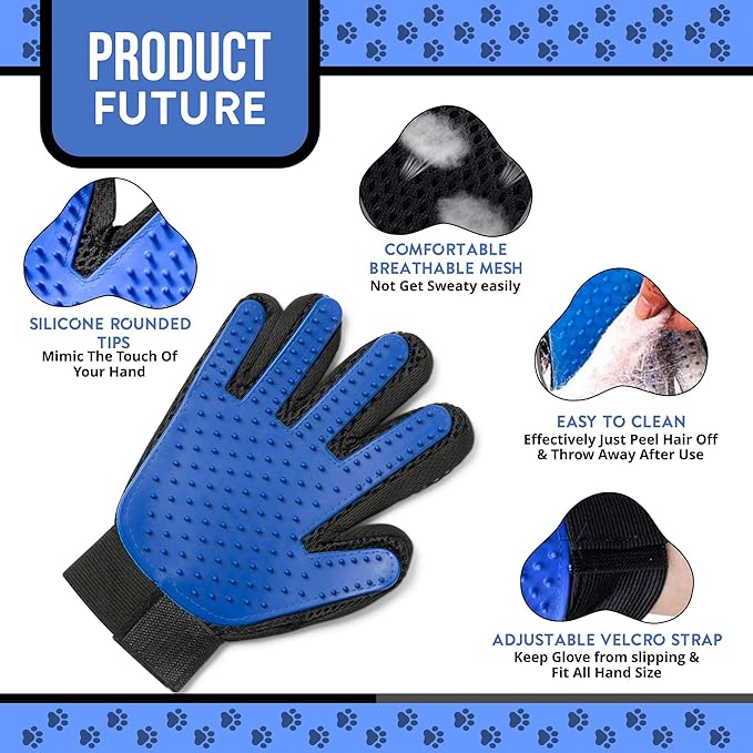 HappiTails Pet Grooming Glove & Dog Bath Brush Set – Deshedding Gloves for Cats & Dogs + Silicone Scrubber – Grooming Mitts for Bath, Shedding & Massage – Blue