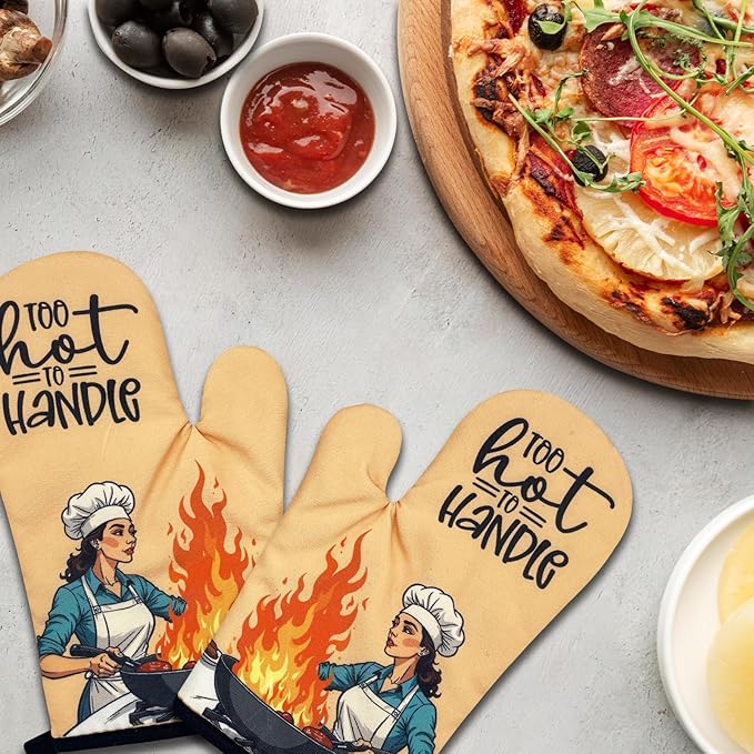 2 Pack Funny Oven Mitts for Women, Too Hot to Handle, Vintage Lady Heat Resistant Silicone Non-Slip Mitts, Sarcastic Baking Gifts for Hostess, Housewarming Gifts for Chef Friend Cook Lover
