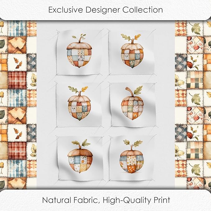Patchwork Acorn Autumn Cotton Fabric Panel – 6 Designs (10×10 inch Each) + Bonus Sheet 29.5×19.6 inch, 100% Cotton 140 GSM, Made in Türkiye