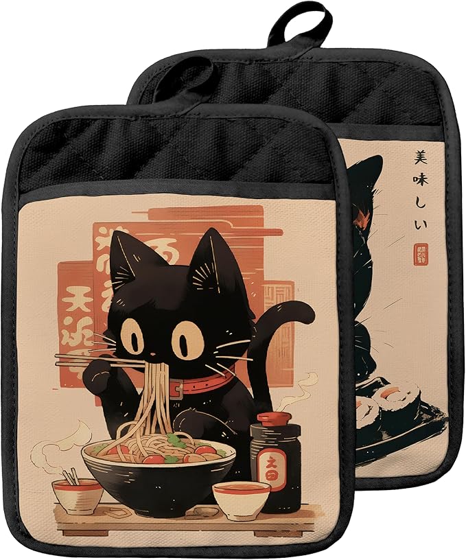 Japanese Sushi Ramen Black Cat Pot Holders with Pockets, Cat Kitchen Decor, Vintage Japanese Kitten Oven Pot Holders Heat Resistant Oven Mitts Hot Pads for Kitchen Baking Cooking, Set of 2