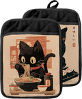 Japanese Sushi Ramen Black Cat Pot Holders with Pockets, Cat Kitchen Decor, Vintage Japanese Kitten Oven Pot Holders Heat Resistant Oven Mitts Hot Pads for Kitchen Baking Cooking, Set of 2