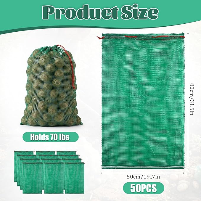 50Pcs Extra Large Mesh Produce Bags 31'' x 20'' Reusable Vegetable Storage Bags Sacks Breathable Drawstring Fresh Produce Storage Bag for Onions, Potatoes, Citrus, Vegetables, Holds up to 50 Lb, Green