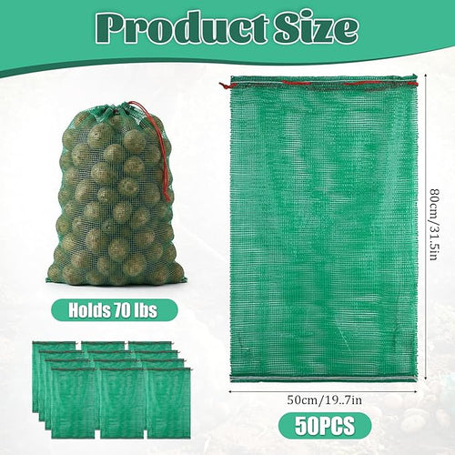 50Pcs Extra Large Mesh Produce Bags 31'' x 20'' Reusable Vegetable Storage Bags Sacks Breathable Drawstring Fresh Produce Storage Bag for Onions, Potatoes, Citrus, Vegetables, Holds up to 50 Lb, Green