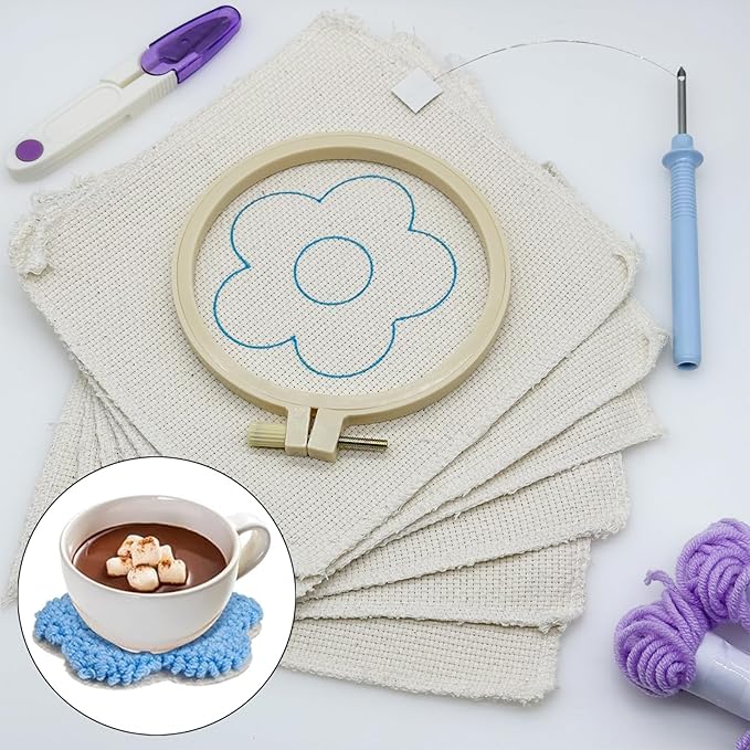 Allazone 8 PCS Punch Needle Coasters Kit, Flower Embroidery Punch Needle Kits, Punch Embroidery Kit with Felt Yarns Hoop Tools for DIY Crafts